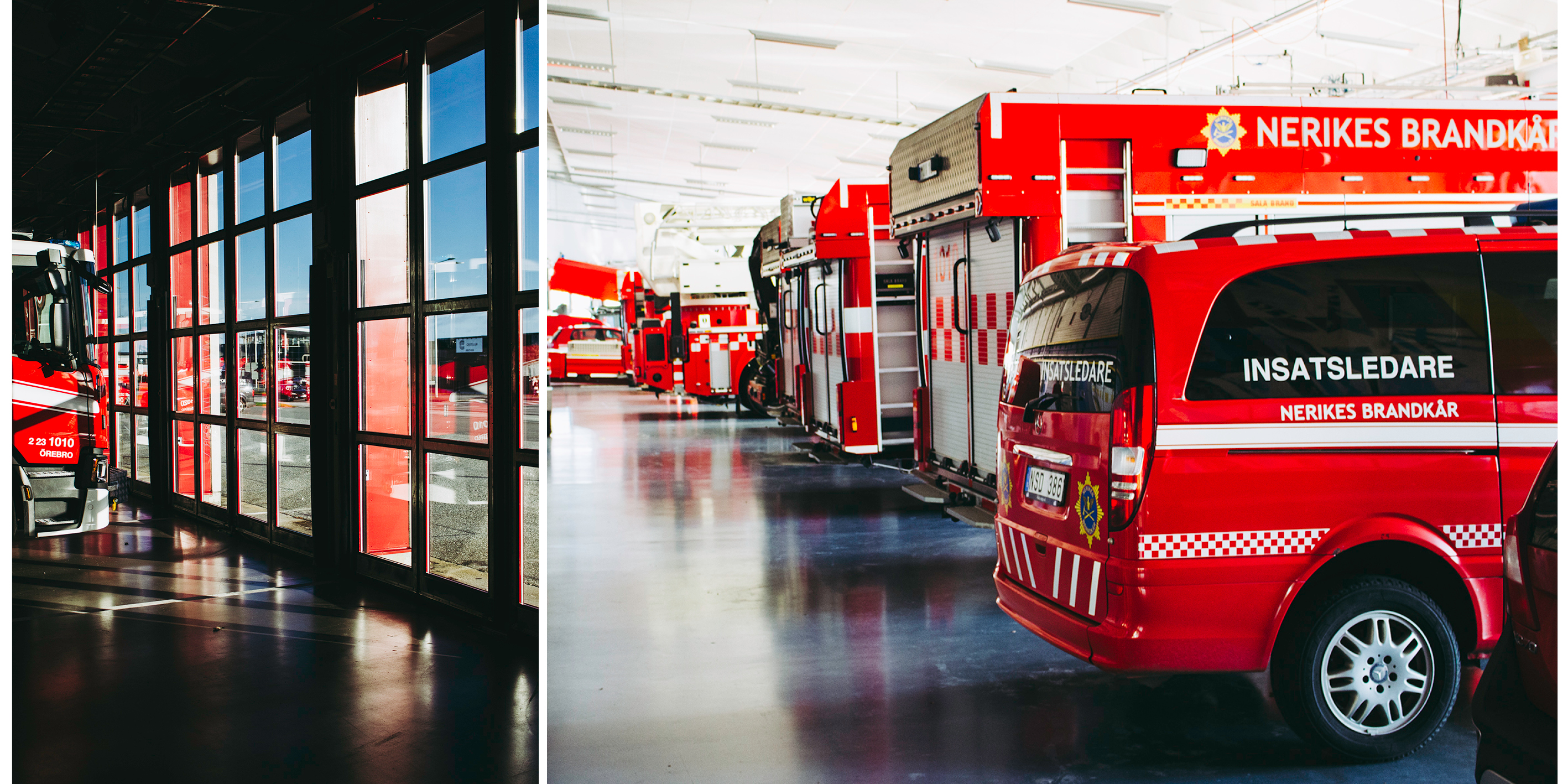 Två bilder. På vänster bild ännu en bild på de nya portarna där bilden är tagen inifrån och ut. På höger bild flera olika brandbilar inne i vagnhallen.