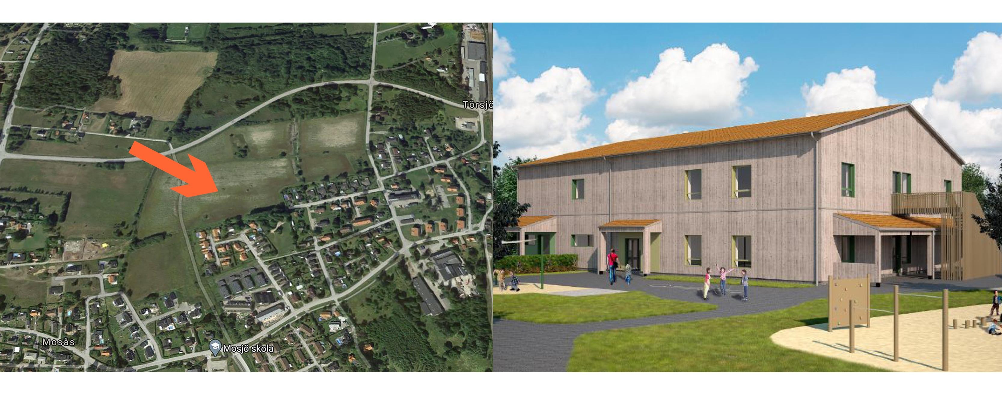 Två bilder i en; en karta med en pil som visar var byggnaden ska ligga samt en skiss på en förskola i två våningar byggd i trä. 