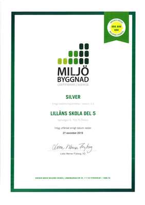 Certifikat för fastigheten Lillåns skola del 5. Underskrivet av Lotta Werner Flyborg, VD på Miljöbyggnad, den 27 november 2019. 