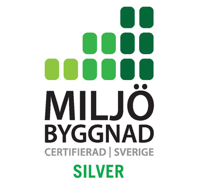Logotyp för miljöbyggnad silver. 