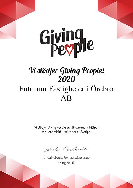 Certifikat med texten vi stödjer Giving People 2020