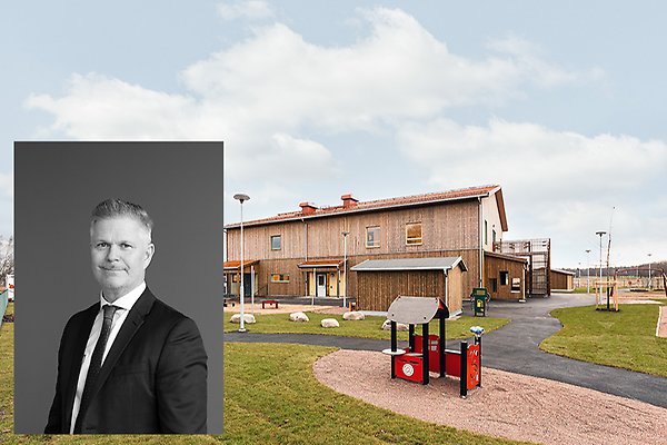 Futurums vd Göran Lunander och bild på en förskola i trä